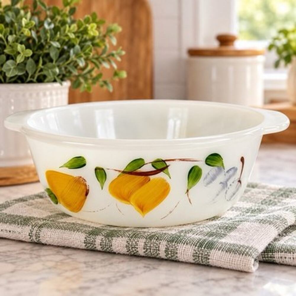 Vintage Fire-King Gay Fad Fruit 1.5 Qt Casserole Dish Milk Glass USA